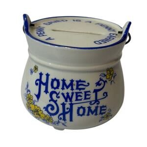 Vintage Enesco Porcelain Bucket Coin Piggy Bank Home Sweet Home Made In Korea